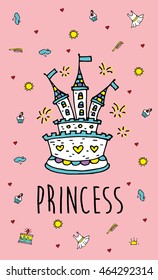 Magic Fairy Tale Princess Castle. Stylish card. Cover. Vector Illustration. Eps 10