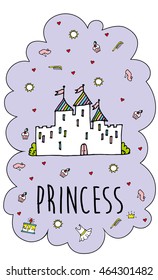 Magic Fairy Tale Princess Castle. Stylish card. Cover. Vector Illustration. Eps 10