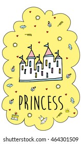 Magic Fairy Tale Princess Castle. Stylish card. Cover. Vector Illustration. Eps 10