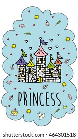 Magic Fairy Tale Princess Castle. Stylish card. Cover. Vector Illustration. Eps 10