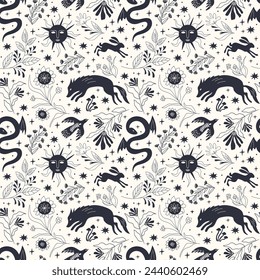 Magic, fairy tale, wolf, snake, bird, sun, seamless pattern, vector illustration.