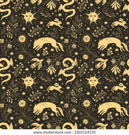 Magic, fairy tale, wolf, snake, bird, sun, seamless pattern, vector illustration.