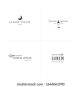 Magic and fairy tales theme. Set of vector logo templates with hand drawn elements. For business identity and branding. For magic performances, magicians and illusionists.