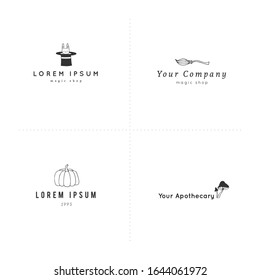 Magic and fairy tales theme. Vector set of hand drawn logo templates. For business identity and branding, for magic performances, magicians and illusionists. For apothecaries and shops.