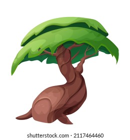 Magic fairy tree, with big trunk, roots and foliage in cartoon style isolated on white background. forest plant, game asset. 