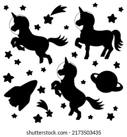 Magic fairy unicorn Astronaut travels in outer space. . Cute horse. Black silhouette. Design element. Vector illustration isolated on white background.