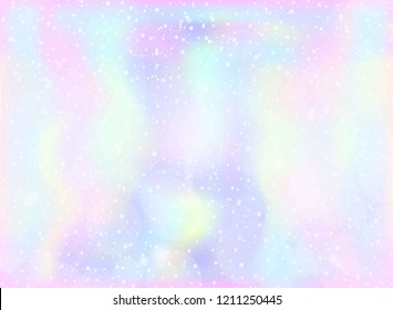 Magic Fairy and Unicorn background with light pastel rainbow mesh. Multicolor backdrop in girly pink, violet and blue colors. Fantasy holographic pattern with blurs and sparkles.