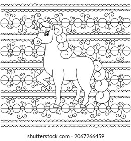 Magic fairy unicorn. Cute horse. Coloring book page for kids. Unusual pattern. Cartoon style. Vector illustration isolated on white background.