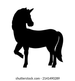 Magic fairy unicorn. Cute horse. Black silhouette. Design element. Vector illustration isolated on white background. Template for books, stickers, posters, cards, clothes.