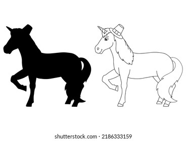 Magic fairy unicorn. Cute horse. Black silhouette. Design element. Vector illustration isolated on white background. Template for books, stickers, posters, cards, clothes.