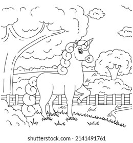 Magic fairy unicorn on landscape. Cute horse. Coloring book page for kids. Cartoon style. Vector illustration isolated on white background.