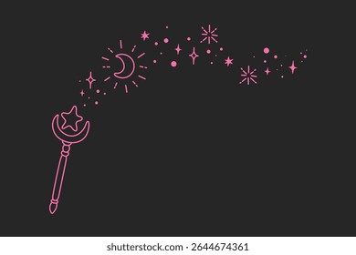 Magic fairy wand vector girly illustration. Moon and stars doodle elements.