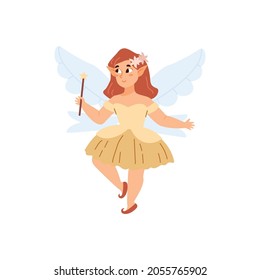 Magic fairy with wand and wings - flat vector illustration isolated on white background. Cartoon character for children design. Pixie girl in dress and with flowers in hair.