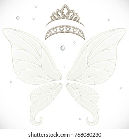 Magic fairy wings with two tiaras with hearts bundled isolated on a white background