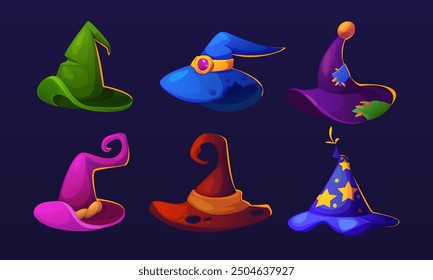 Magic fairy witch cap with pointy end and decorative elements. Cartoon vector illustration set of wizard hat for Halloween design. Fantasy spooky sorcerer magic costume item. Magician garment.