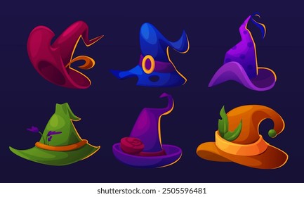 Magic fairy witch cap with pointy end and decorative elements. Cartoon vector illustration set of wizard hat for Halloween design. Fantasy spooky sorcerer magic costume item. Magician garment.