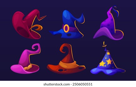 Magic fairy witch cap with pointy end and decorative elements. Cartoon vector illustration set of wizard hat for Halloween design. Fantasy spooky sorcerer magic costume item. Magician garment.