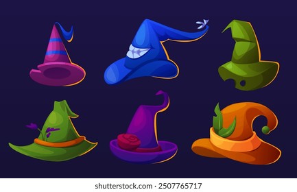 Magic fairy witch cap with pointy end and decorative elements. Cartoon vector illustration set of wizard hat for Halloween design. Fantasy spooky sorcerer magic costume item. Magician garment.