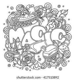 Magic fairy witchcraft composition in doodle style. Flowers, magic book, potions, feather,ornate tribal elements. Black and white decorative background. Zentangle coloring book page.