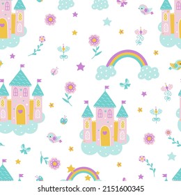 Magic fairytale castle seamless pattern. Cute girl princess fashion print with birds, rainbow and flowers. Adorable childish vector texture