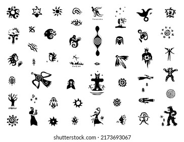 
magic fairytale character shaman, sign and symbols - icon set, graphic silhouettes collection