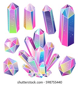 Set Rainbow Crystals Isolated Leafs Moss Stock Vector (Royalty Free ...
