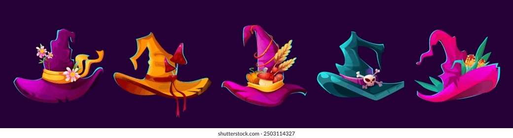 Magic fairytale fantasy witch cap with decorative flowers and vegetables, mushrooms and skull with bines. Cartoon vector colorful autumn and Halloween design elements of wizard pointed cone hat.