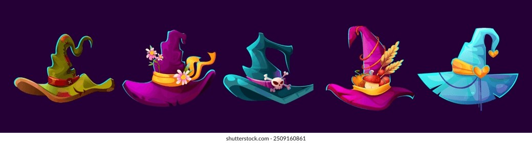 Gorra mágica de fantasía de cuento de hadas con flores decorativas, verduras y calavera con huesos. Vector de dibujos animados Elementos de diseño coloridos de otoño y Halloween de sombrero de cono puntiagudo mago.