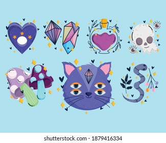 magic fairytale icons cat skull potion snake and mushroom vector illustration