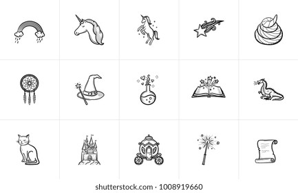Magic and fairytale theme sketch icon set for web, mobile and infographics. Hand drawn Magic vector icon set isolated on white background. Magic and fairytale theme sketch icon set for web, mobile and infographics. Hand drawn Magic vector icon set isolated on white background.