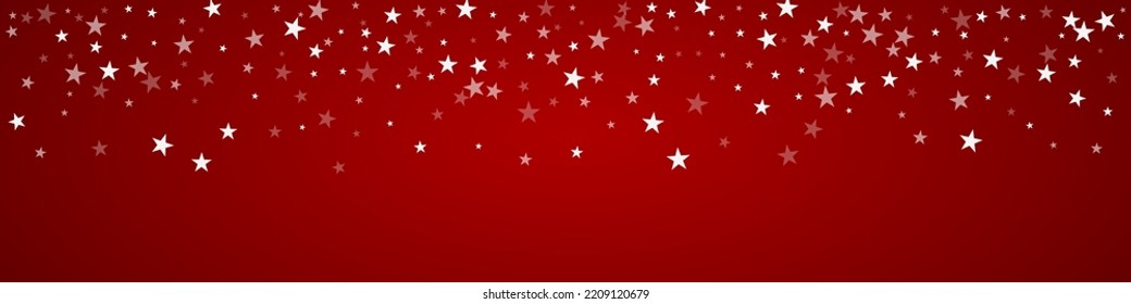 El fondo de navidad de la nieve cae mágicamente. Sutiles copos de nieve volando y estrellas de fondo rojo navideño. Escenario de vacaciones de nieve en caída mágica.   Ilustración de vector panorámica.