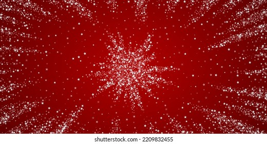 Magic falling snow christmas background. Subtle flying snow flakes and stars on christmas red background. Magic falling snow holiday scenery.   Wide vector illustration.