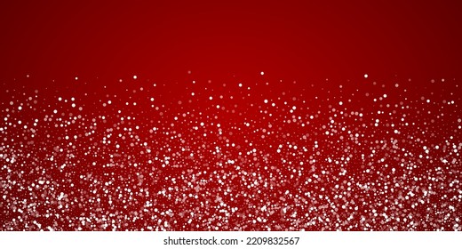 El fondo de navidad de la nieve cae mágicamente. Sutiles copos de nieve volando y estrellas de fondo rojo navideño. Escenario de vacaciones de nieve en caída mágica.   Ilustración vectorial amplia.