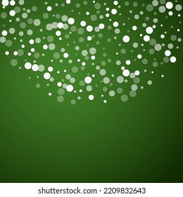 Magic falling snow christmas background. Subtle flying snow flakes and stars on christmas green background. Magic falling snow holiday scenery.   Square vector illustration.