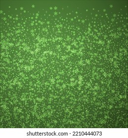 Magic falling snow christmas background. Subtle flying snow flakes and stars on christmas green background. Magic falling snow holiday scenery.   Square vector illustration.