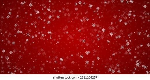 Magic falling snow christmas background. Subtle flying snow flakes and stars on christmas red background. Magic falling snow holiday scenery.   Wide vector illustration.