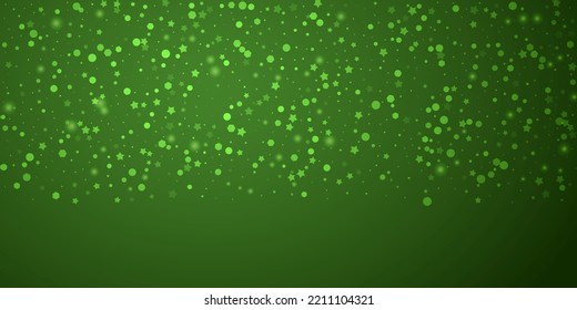 Magic falling snow christmas background. Subtle flying snow flakes and stars on christmas green background. Magic falling snow holiday scenery.   Wide vector illustration.
