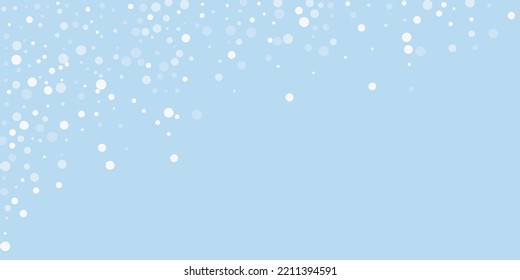 Magic falling snow christmas background. Subtle flying snow flakes and stars on light blue winter backdrop. Magic falling snow holiday scenery.   Wide vector illustration.