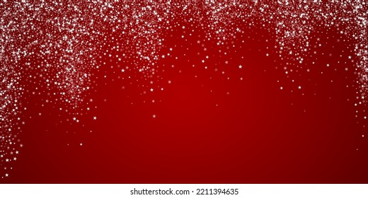 Magic falling snow christmas background. Subtle flying snow flakes and stars on christmas red background. Magic falling snow holiday scenery.   Wide vector illustration.