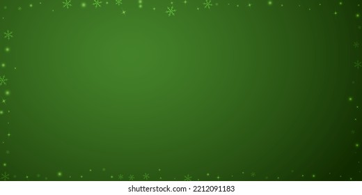 Magic falling snow christmas background. Subtle flying snow flakes and stars on christmas green background. Magic falling snow holiday scenery.   Wide vector illustration.