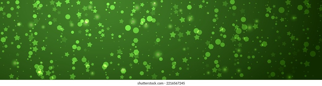 El fondo de navidad de la nieve cae mágicamente. Sutiles copos de nieve volando y estrellas sobre fondo verde navideño. Escenario de vacaciones de nieve en caída mágica.   Ilustración de vector panorámica.