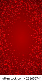 Magic falling snow christmas background. Subtle flying snow flakes and stars on christmas red background. Magic falling snow holiday scenery.   Vertical vector illustration.