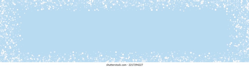 Magic falling snow christmas background. Subtle flying snow flakes and stars on light blue winter backdrop. Magic falling snow holiday scenery.   Panoramic vector illustration.