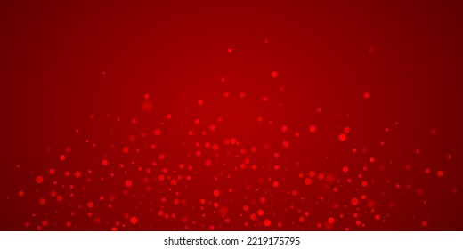 Magic falling snow christmas background. Subtle flying snow flakes and stars on christmas red background. Magic falling snow holiday scenery.   Wide vector illustration.