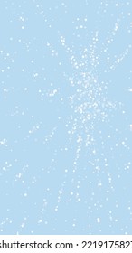 El fondo de navidad de la nieve cae mágicamente. Sutiles copos de nieve volando y estrellas en el fondo azul claro del invierno. Escenario de vacaciones de nieve en caída mágica.   Ilustración vectorial vertical.