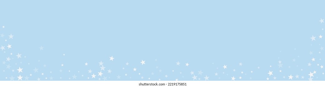 Magic falling snow christmas background. Subtle flying snow flakes and stars on light blue winter backdrop. Magic falling snow holiday scenery.   Panoramic vector illustration.