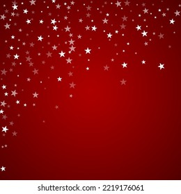 El fondo de navidad de la nieve cae mágicamente. Sutiles copos de nieve volando y estrellas de fondo rojo navideño. Escenario de vacaciones de nieve en caída mágica.   Ilustración vectorial cuadrada.