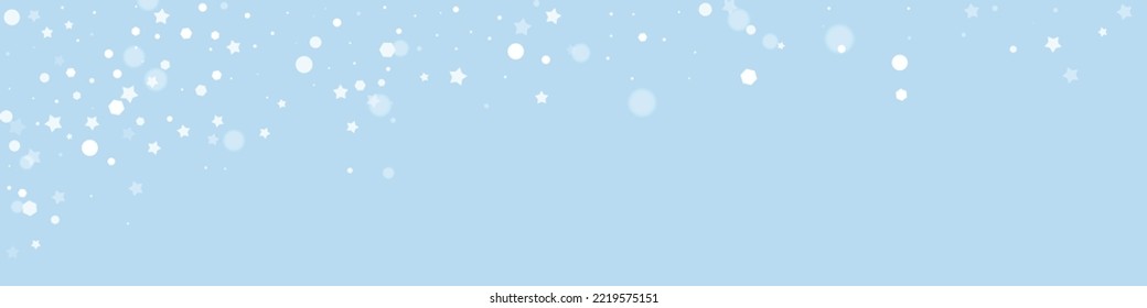 Magic falling snow christmas background. Subtle flying snow flakes and stars on light blue winter backdrop. Magic falling snow holiday scenery.   Panoramic vector illustration.