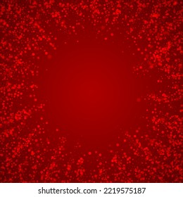 Magic falling snow christmas background. Subtle flying snow flakes and stars on christmas red background. Magic falling snow holiday scenery.   Square vector illustration.