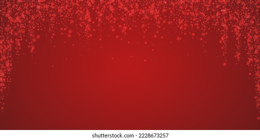 Magic falling snow christmas background. Subtle flying snow flakes and stars on christmas red background. Magic falling snow holiday scenery.   Wide vector illustration.